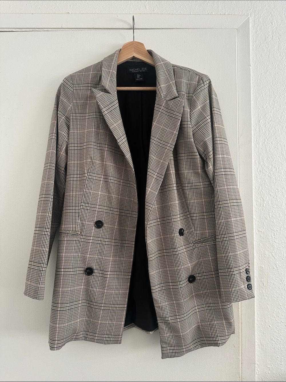 Rachel Zoe Taupe Plaid Double-Breasted Blazer